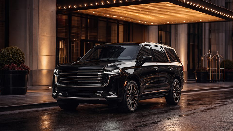 Generic formal luxury SUV at a downtown Chicago hotel entrance