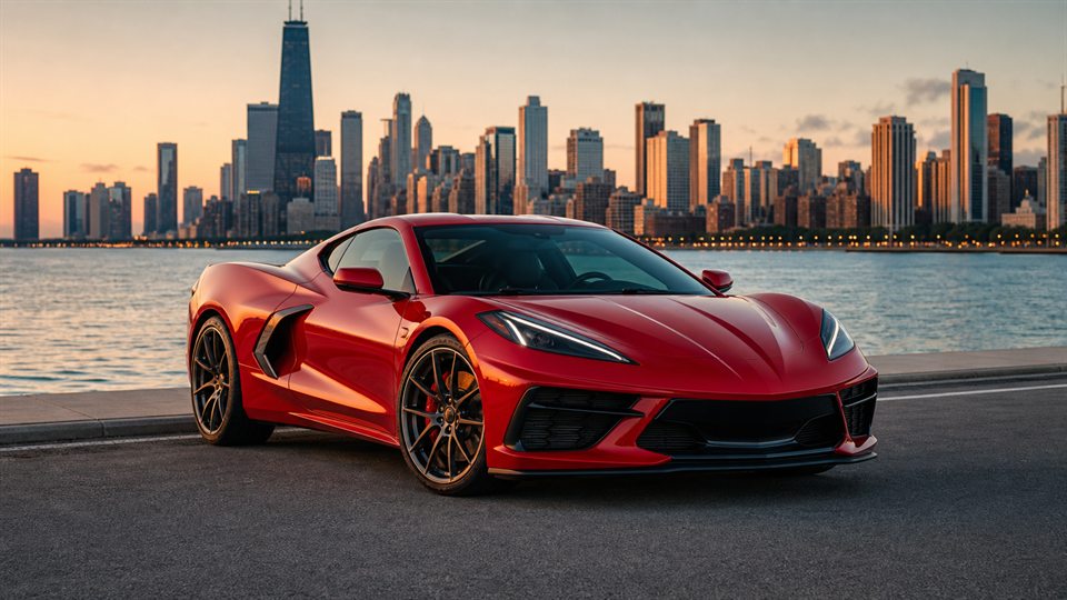 Generic red performance coupe category visual near the Chicago lakefront
