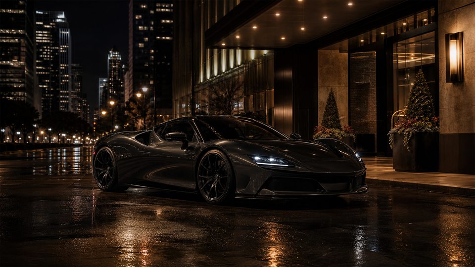 Generic dark exotic supercar category visual in downtown Chicago